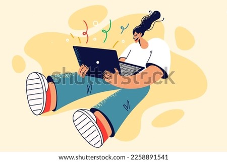 Smiling woman celebrate win on laptop. Happy female freelancer triumph with online victory on computer. Technology and success. Vector illustration. 