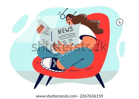 Woman reads newspaper sitting in comfortable chair to relax after work or to get latest news from press. Girl in glasses sits cross-legged with paper newspaper in hands enjoying loneliness