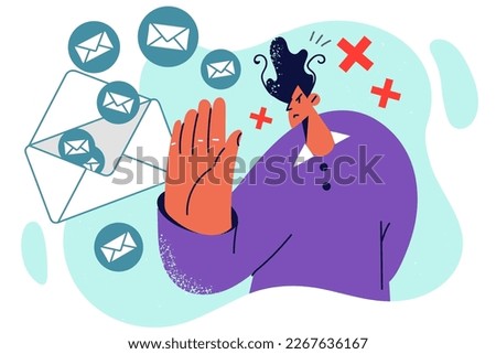 Man who does not want to receive newsletter makes Stop sign, stopping sent messages with uninteresting business offers. Guy cancels e-mail newsletter due to outdated information and frequent letters