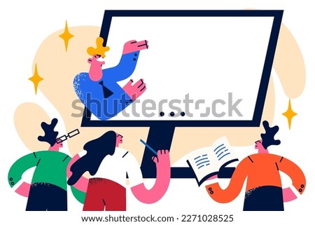 People getting distance education together looking at monitor with online university teacher. Men and women watch webinar wanting to get additional education and improve their professional skills 