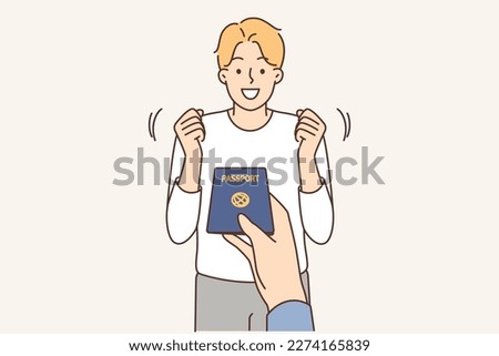 Hand stretching passport to excited man. Officer give identity document to happy male citizen. Citizenship and visa concept. Vector illustration. 