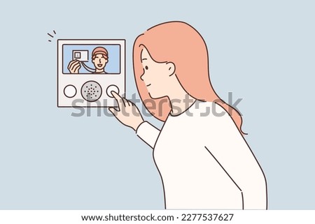 Woman open door looking at male courier showing ID to camera. Visitor present identification card to intercom entering building. Vector illustration. 