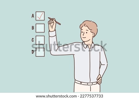 Smiling businessman check gap make decision. Happy male employee engaged in multiple choice test question. Vector illustration. 