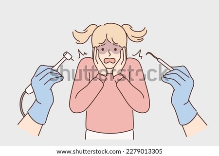 Terrified girl child scared of dentist. Shocked little kid afraid of dental doctor in clinic. Dentistry and children fears. Vector illustration. 
