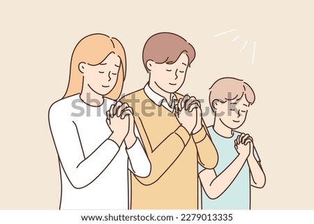 Religious family with son praying to God. Superstitious parents with child keep hands in prayer in church. Faith and religion. Vector illustration. 