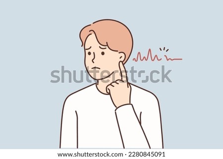 Unhealthy man with sound waves near ear. Unwell guy suffer from hearing disability. Health problem. Vector illustration. 