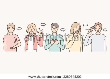 Diverse people communicate using sign language. Smiling men and women communication with gestures and symbols. Disability concept. Vector illustration. 