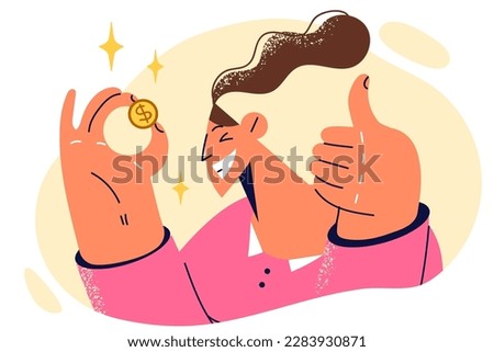 Woman with gold coin showing thumbs up showing off earned money or rejoicing in investment income. Concept of financial savings and economy of money for investing in shares or bank deposit
