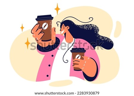 Positive woman with two paper cups for takeaway coffee offers to cheer up to become active for whole day. Happy girl working in coffee shop as waiter or barista holds hot coffee or cappuccino 