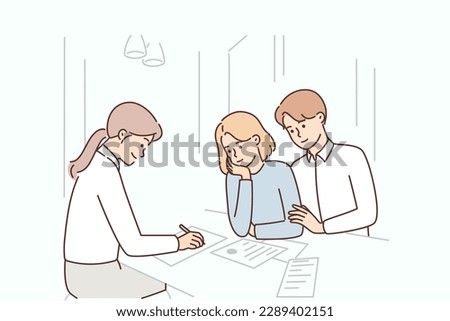 Married couple is consulting insurance agent or lawyer and drawing up marriage contract sitting in office. Man and woman consulting tax specialist giving recommendations on taxation optimization