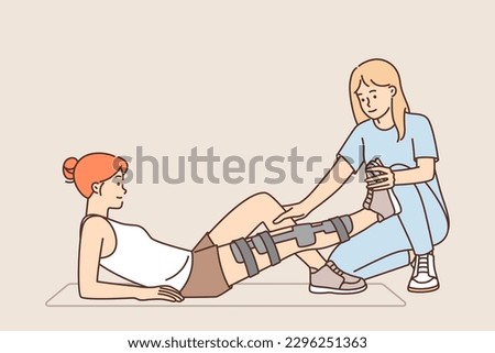 Woman with leg injury uses services of doctor who helps in rehabilitation to treat fracture. Girl lies on mat with bandage on leg for concept of rehabilitation after car accident or fall