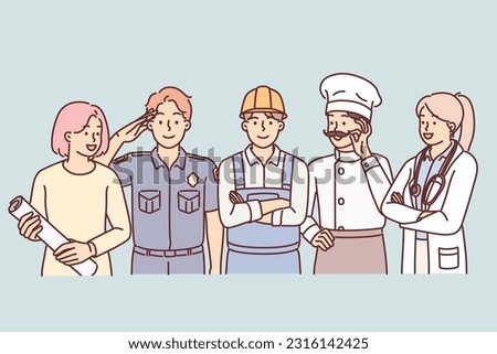 People of different professions stand together next to service uniforms for labor day banner. Successful cook with doctor near young policeman and builder offer to celebrate labor day