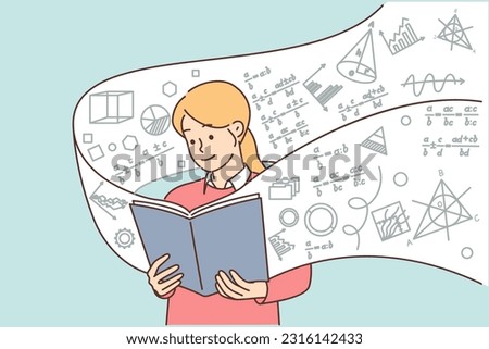 Girl student with book on algebra studies exact mathematical sciences, wanting to prove complex theorem. Schoolgirl preparing for exam in higher mathematics standing with textbook with formulas
