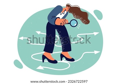 Business woman is looking for right way using magnifying glass standing near arrows symbolizing options for solving problem. Smart woman doing research before making business decision