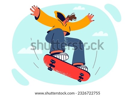 Man with skateboard jumps up doing trick on sports ground, enjoys adrenaline rush from riding board. Energetic guy with skateboard, for concept of active lifestyle and hobby for teenagers