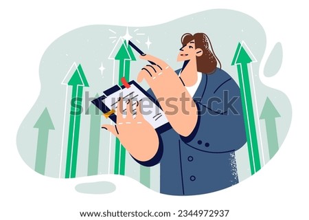 Business woman stands among up arrows symbolizing growth of company income and holds clipboard with pen. Successful businesswoman conducts audit of business indicators to draw up financial report