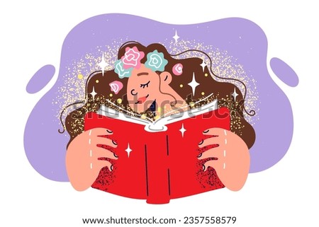 Teenage girl reads book with romantic stories and closes eyes imagining herself as main character of novel. Woman with wreath of flowers on head and book in hands enjoying reading classical literature