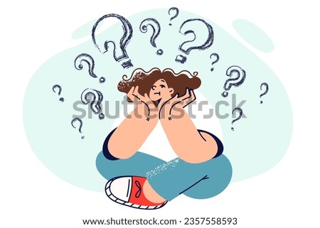 Teenage girl thought about future, sitting on floor and putting hands under chin. Inquisitive schoolgirl thought about meaning of life or choice of professional path after graduation