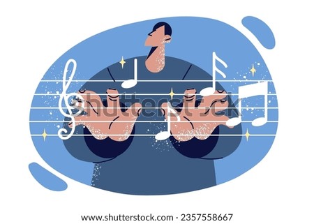 Man composer stands near notes symbolizing art of music or work in symphony orchestra. Guy composer plays invisible piano and touches imaginary notes, learning skill of deregistration at concert
