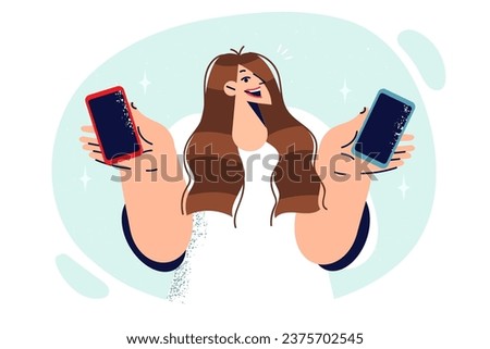 Woman with phones of different models smiles, offering to choose brand she likes and buy new smartphone. Happy girl compares mobile phones with different characteristics before purchasing Foto stock © 