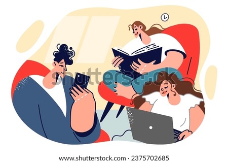 Family reads paper and electronic books, sitting in same room and using laptop or phone or classic textbook. Modern family of mom and dad with teenage daughter spends free time together