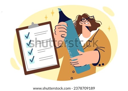 Woman is planning and filling out clipboard with checklist holding giant marker in hands. Happy girl checks boxes in checklist to increase work productivity or make progress in education.