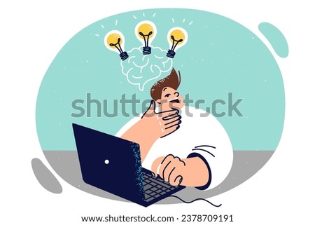 Boy using laptop comes up with ideas for topics for essay at school, sits at table with light bulbs above head. Child prodigy learning to code at young age developing ideas for new startup