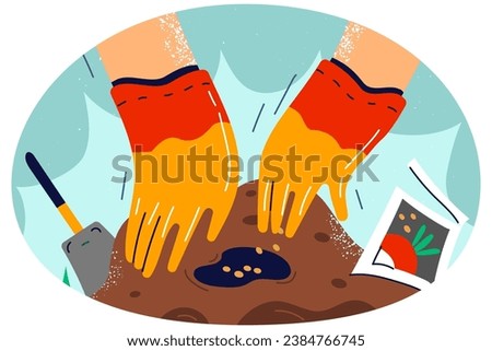 Person putting seed in ground involved in gardening outdoors. Framer or gardener growing plant from seedling. Horticulture concept. Vector illustration.