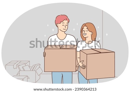 Happy couple with cardboard boxes moving in together. Smiling man and woman celebrate relocation day to new house or apartment. Rental and realty. Vector illustration.