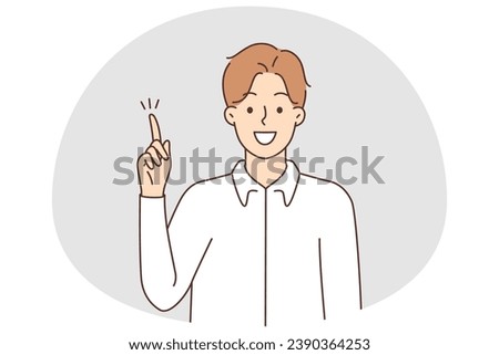 Smiling man raise finger up find problem solution. Happy motivated male solve dilemma make decision or choice. Great idea. Vector illustration.