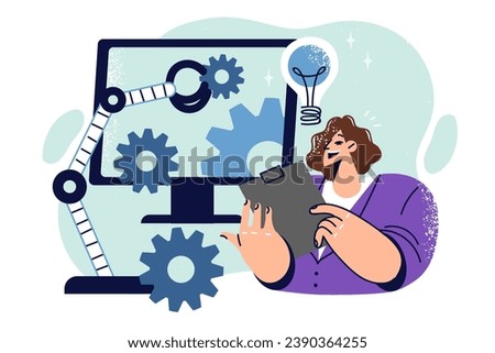 Woman studies production automation standing near monitor with gears and industrial arm manipulator. Engineer came up with idea for computer automation and using ai to increase productivity