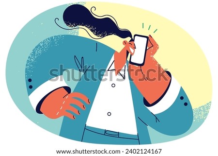 Similar – Image, Stock Photo Businesswoman having smartphone conversation near gray wall