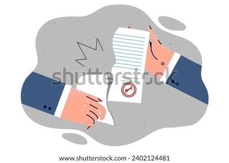 Hands tearing business contract with seal as sign of termination of agreements and unwillingness to fulfill obligations. Paper contract is torn, symbolizing dismissal of person working in company