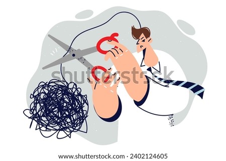 Man with psychological problems cuts off tangled cord of thought symbolizing stress due to toxic work. Businessman gets rid of stress that causes deterioration in mood and decrease in productivity