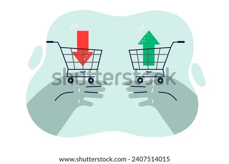 People hands with shopping baskets and up and down arrows as metaphor for stock market trading and investing. Concept of price fluctuations for shopping in grocery stores or supermarkets