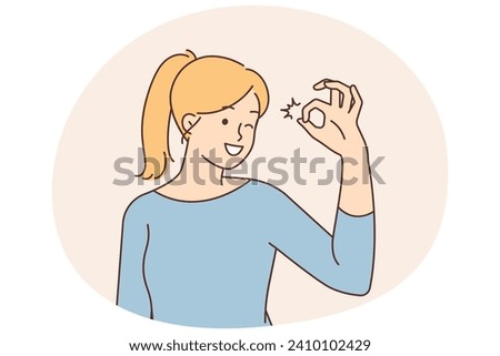 Smiling young woman show ok hand gesture feeling optimistic about future. Happy girl demonstrate all right gesture. Good and positivity. Vector illustration.