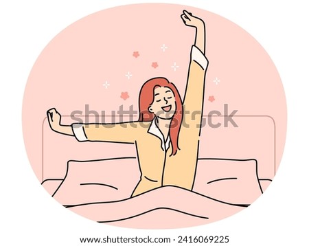 Happy young woman stretch waking up in bed at home. Smiling girl enjoy good morning in bedroom. Relaxation concept. Vector illustration.