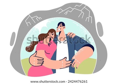 Romantic couple feels protected by having loved one nearby, located in protective bubble. Couple of man and woman is fenced off from harmful effects of environment due to romantic feelings