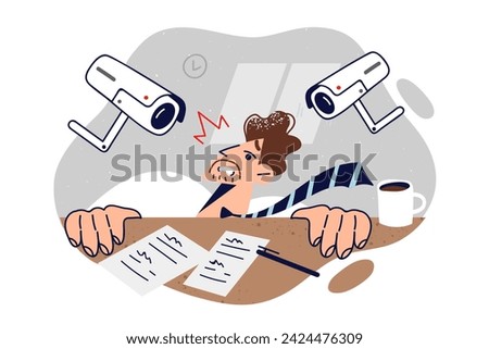 Business man suffers from persecution mania and schizophrenia, hiding under table due to surveillance cameras in office. CCTV equipment tortures clerk suffering from persecution mania