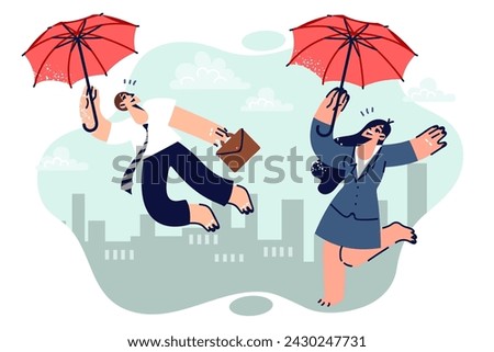 Business people flying up on umbrellas as metaphor for motivation for professional development and personal growth. Man and woman in business suits levitate in air, going on corporate trip