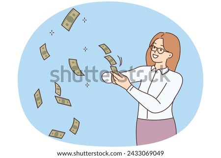 Smiling successful businesswoman throw cash in air celebrate lottery win. Happy confident rich woman waste money. Finance and wellbeing. Vector illustration.