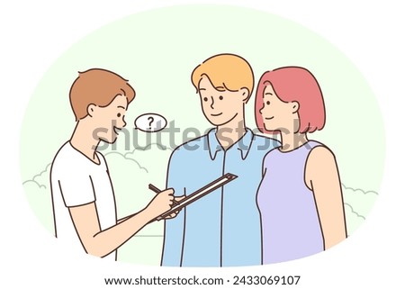 Young man asking question to couple outdoors. Smiling male interviewer making poll talking to people outside. Vector illustration.