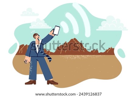 Business man catches signal from cell station on smartphone to send file over 5g network. Lost guy is experiencing problems due to lack of 5g communication signal and ability to call 911