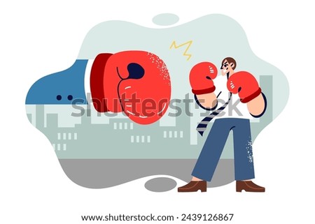 Business war between white collar man and manager fighting with boxing gloves. Hand big boss strikes weak employee in need of protection from trade union from arbitrariness of business management