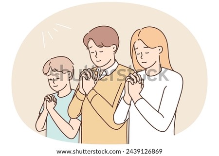 Religious family with son praying to God. Superstitious parents with child keep hands in prayer in church. Faith and religion. Vector illustration.