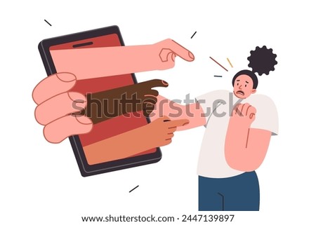 Problem cyber shaming and trolling of internet users over woman holding big phone with hands haters. People from social networks engage in shaming against girl needs protection from discrimination