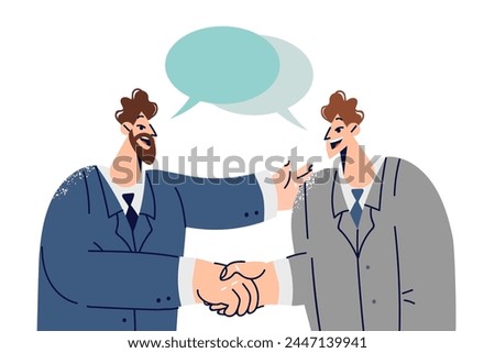 Handshakes of two white collar workers with dialogue clouds entering into partnership agreement. Handshakes business people when greeting or after concluding profitable deal on long-term cooperation