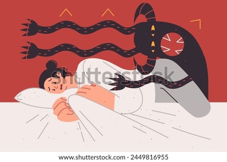 Nightmare of frightened woman lying in bed and feeling attack of multi-armed monster, in need of sleeping pills. Nightmare of girl in need of support to restore sound, healthy sleep