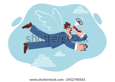 Man business angel flies across sky with megaphone in hands, announcing possibility of investing in young companies. Business angel guy who invested money in startups, located among clouds