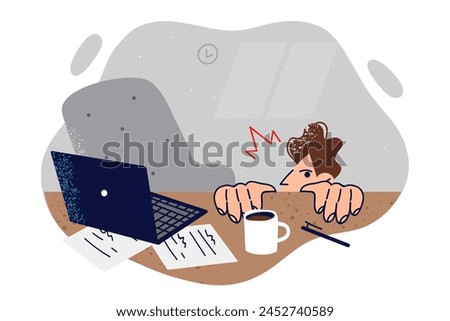 Cowardly office employee hides under desk from manager after making mistake or missing deadline. Man office clerk afraid of boss looking out from behind desk with documents and laptop